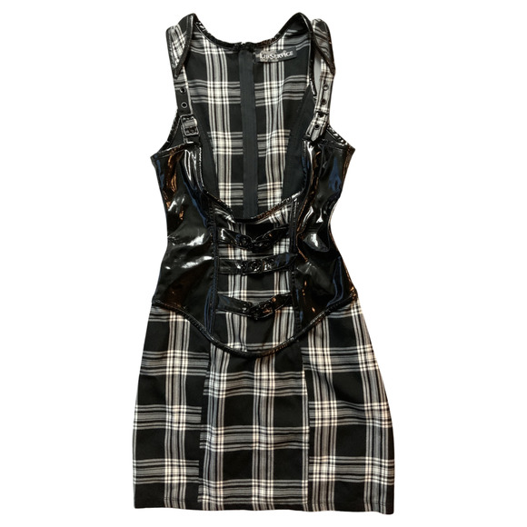 Lip Service Dresses & Skirts - Vtg Lip Service Womens Black Plaid PVC Fetish Mini Dress Large Goth Punk